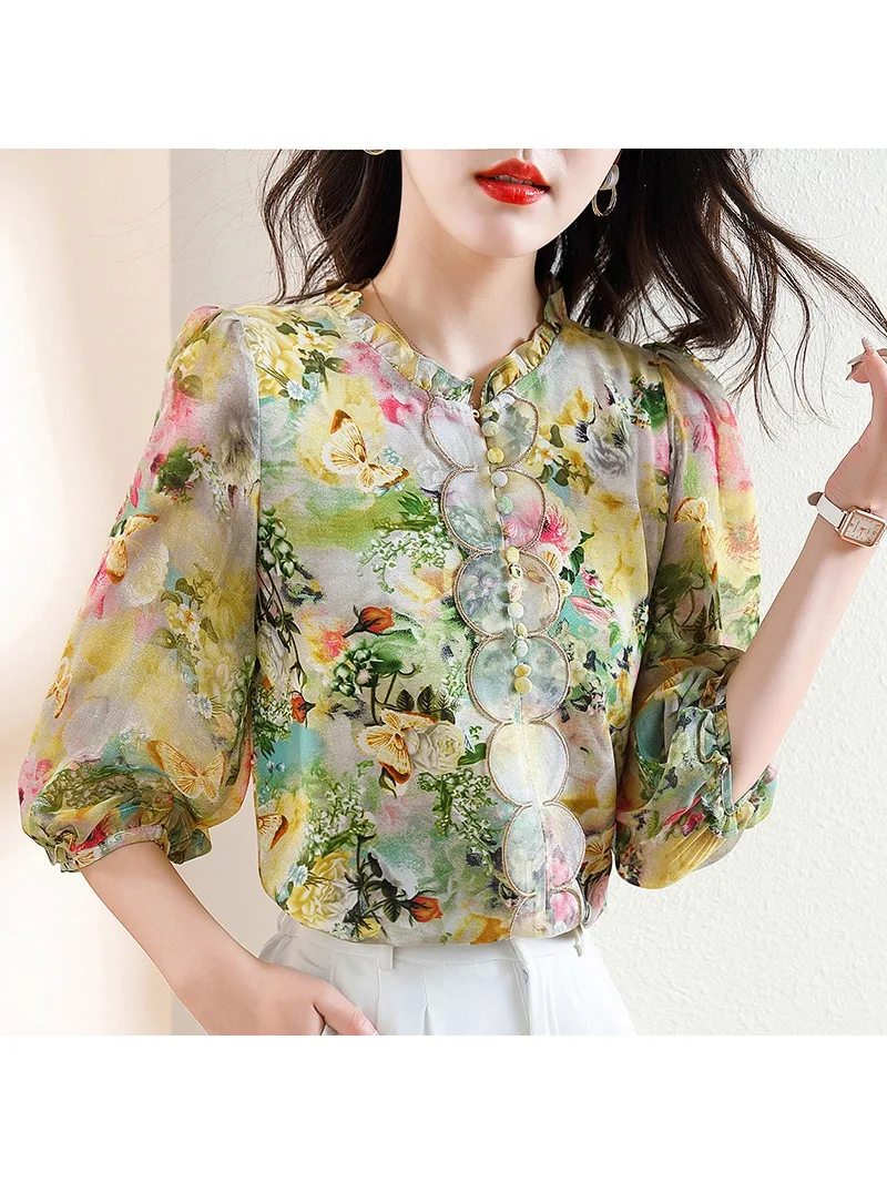 Women\'s Fashion Shirt Summer Korean Edition High end Thin Style Elegance Slimming Print Lantern Middle Sleeve Shirt for Women