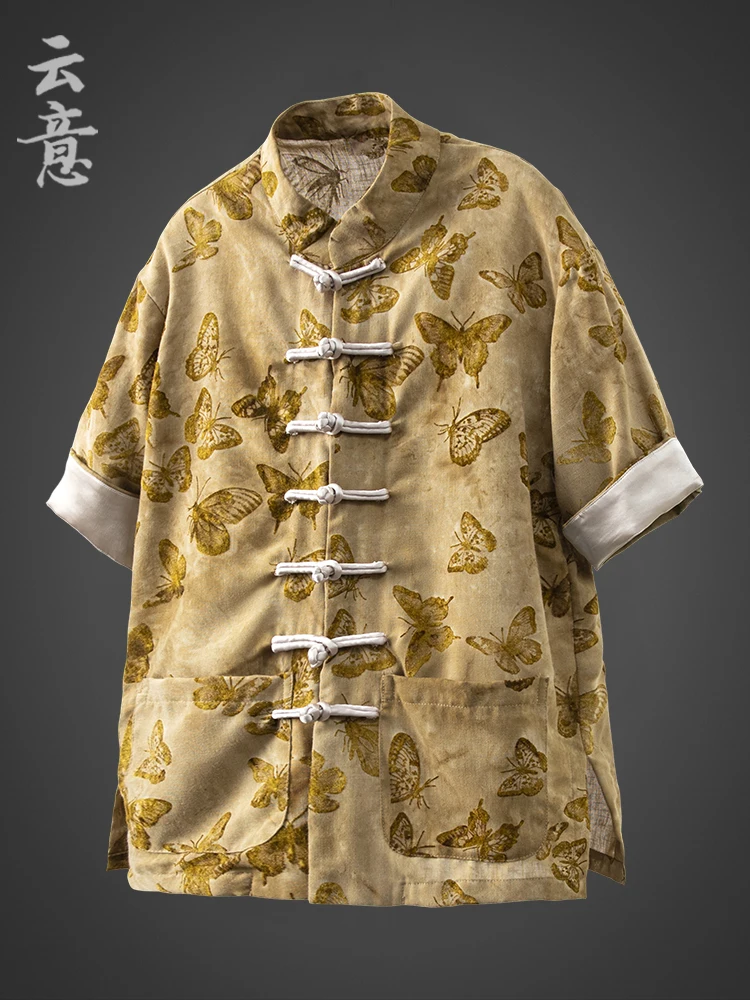 

Летняя тонкая мужская рубашка с коротким рукавом и воротником-стойкой в китайском стиле, на пуговицах, модная повседневная молодежная одежда