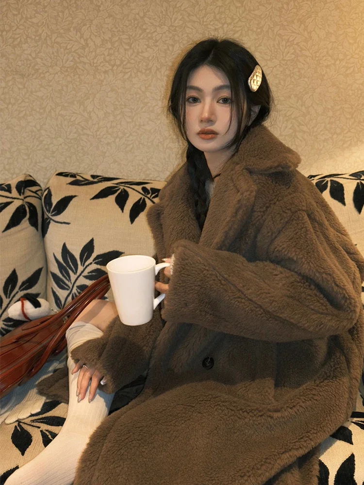 Fur coat women's winter new thickened warm long loose fashion versatile granular all wool shearing high-end  retro solid color