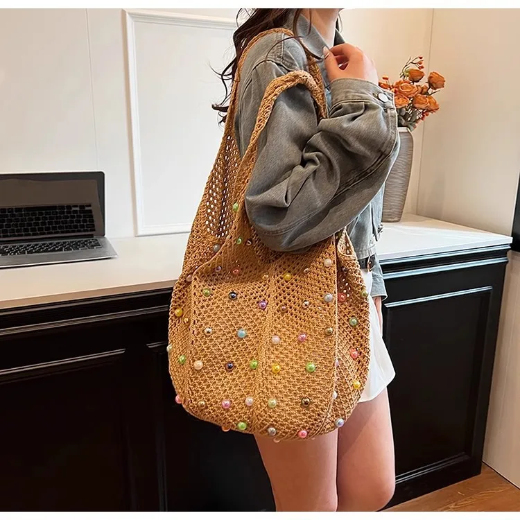 اليدوية المنسوجة حقيبة كتف الحياكة الجوف خارج الديكور صافي حقيبة سعة كبيرة المرأة حمل حقيبة التسوق في الهواء الطلق حقيبة يد عادية