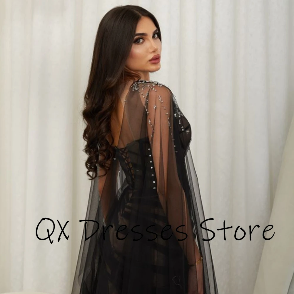 Customized O-neck Black Tulle Backless Illusion Beading Evening Dress Spaghetti Sleeveless Pageant Gowns فساتين سهره نسائيه فخمة image 2