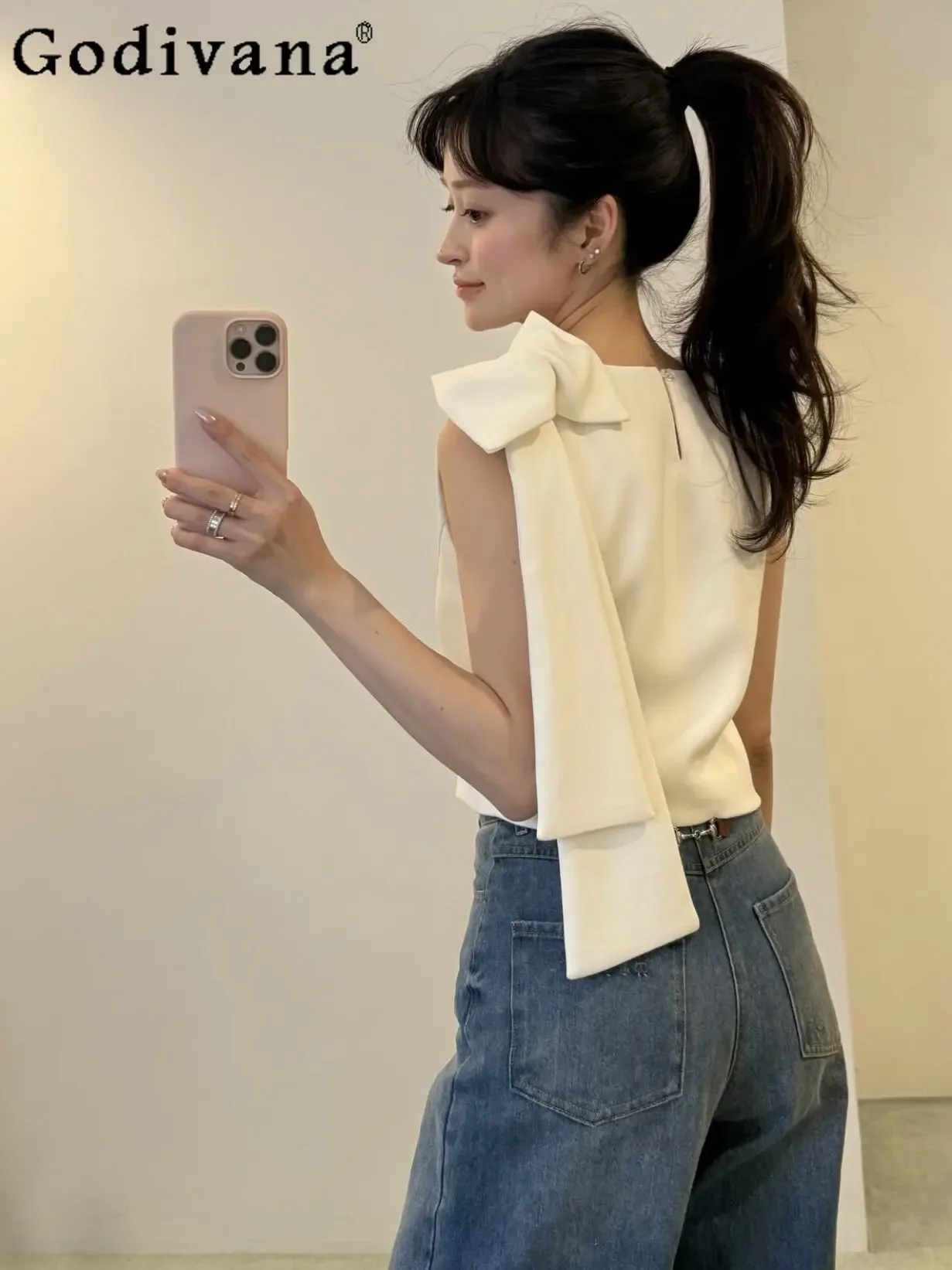 Japanese Style Sweet Bowknot Lace-up Woman's White Camis Summer New 2026 Girl's Cute Sleeveless Top Female Commuter Tank Top