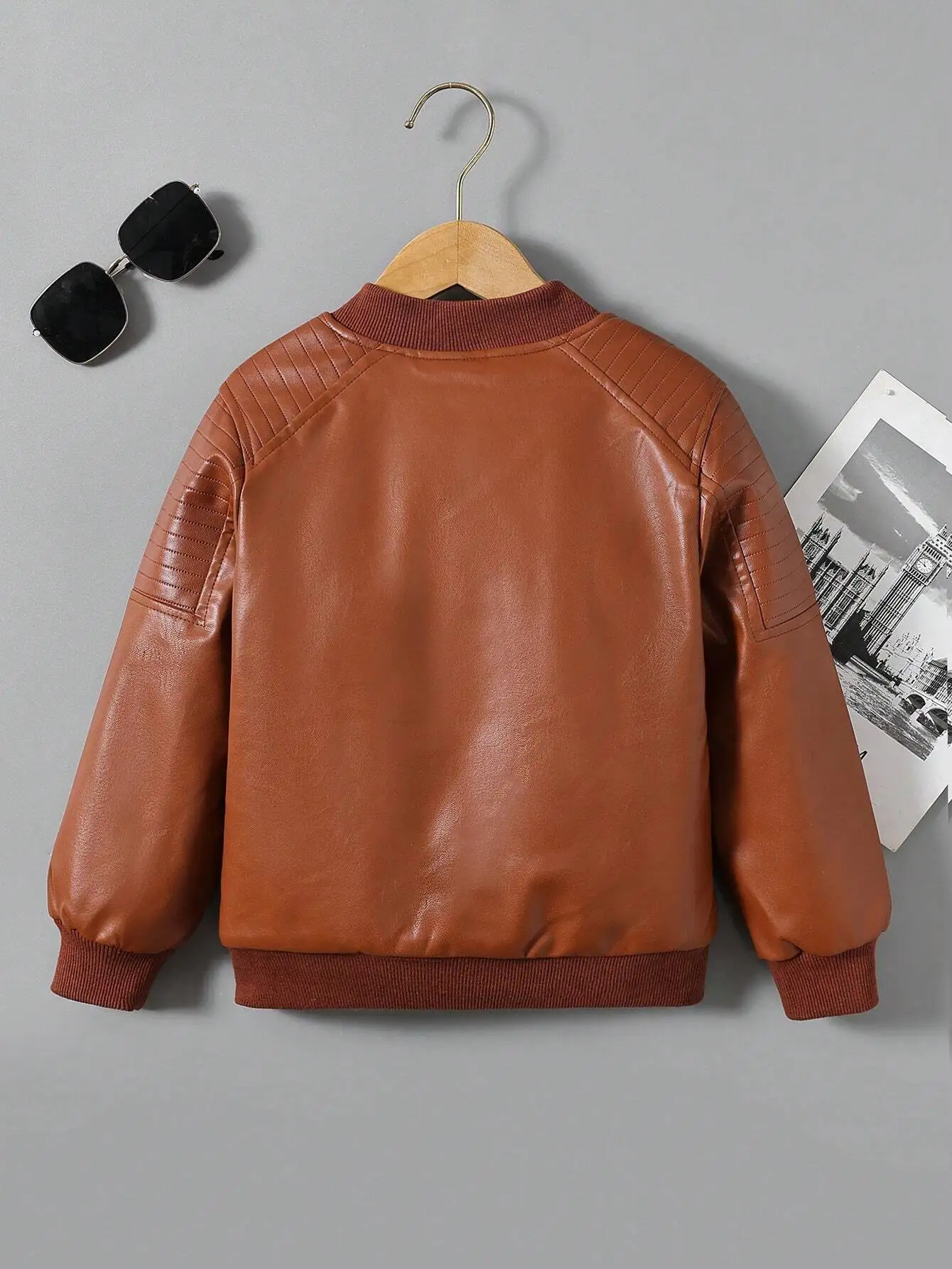 Young Boy Zip Up Thermal Lined PU Leather Bomber Jacket