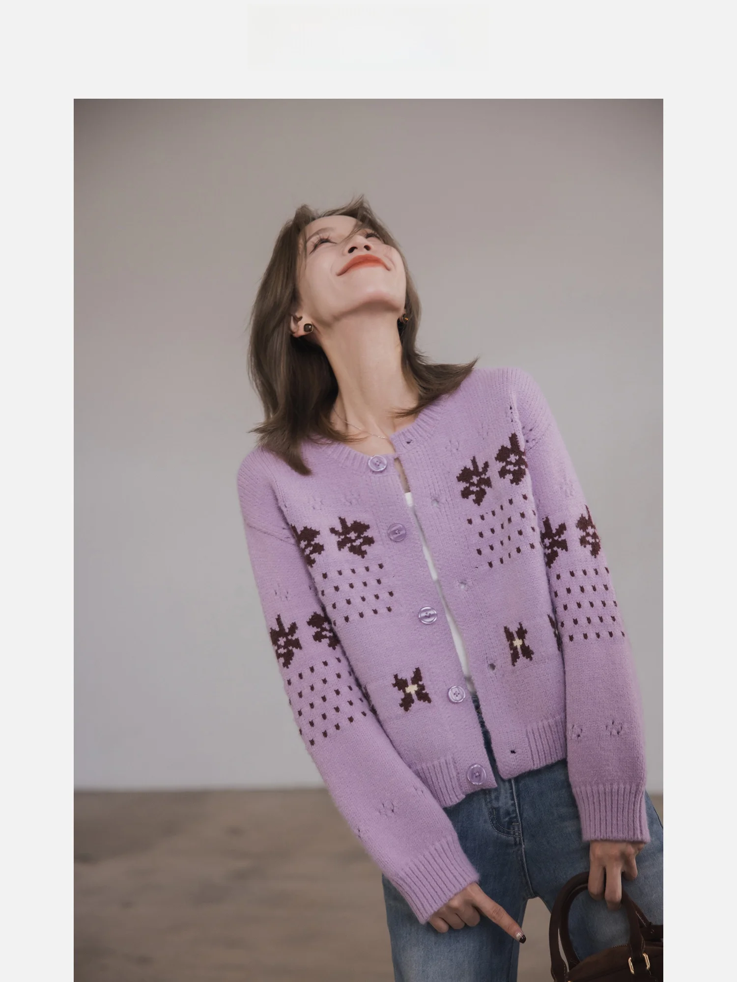 

Fairy T Knitted Open Cardigan Color Blo Floral Pattern Women's Autumn New Sle Versatile Gentle White Top by Xiaoguli