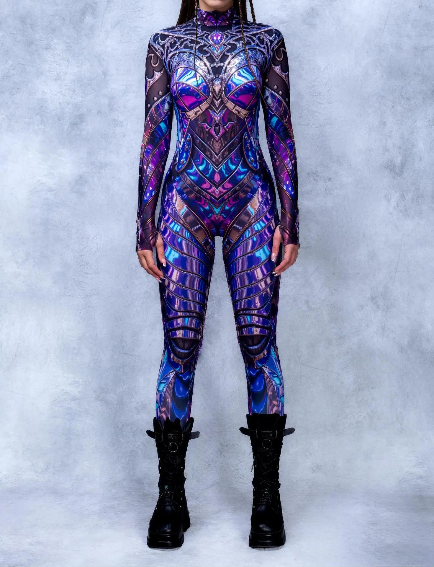 Halloween-Karneval-Party-Shows Cosplay-Bodysuit-Kostüm Dehnbarer Damen-Zentai-Outfit Farbig Diamantbedruckter Tech-Jumpsuit 2026 – Detail 8
