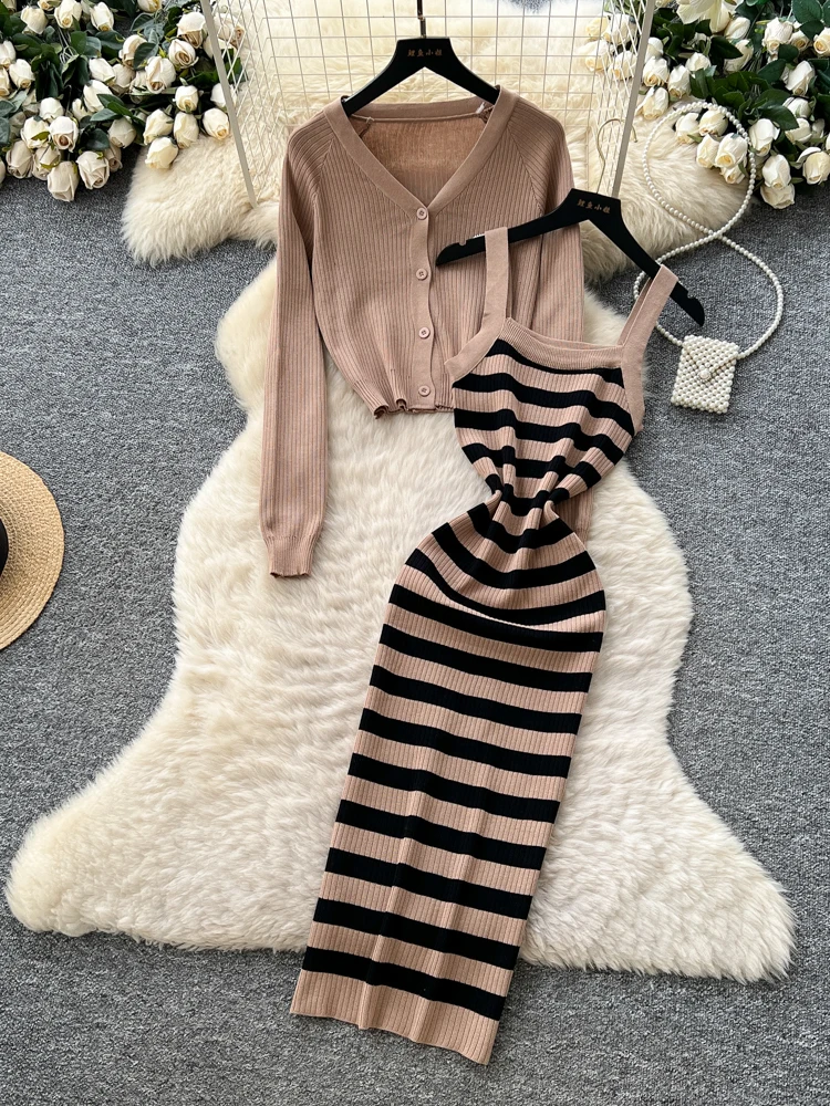 Gestricktes Dr-Set für Damen, lang, Sve, gestreift, Innenbekleidung, Strickjacke, hohe Taille, schmale Passform, Pendeln, Herbst-Faion-Ensemble