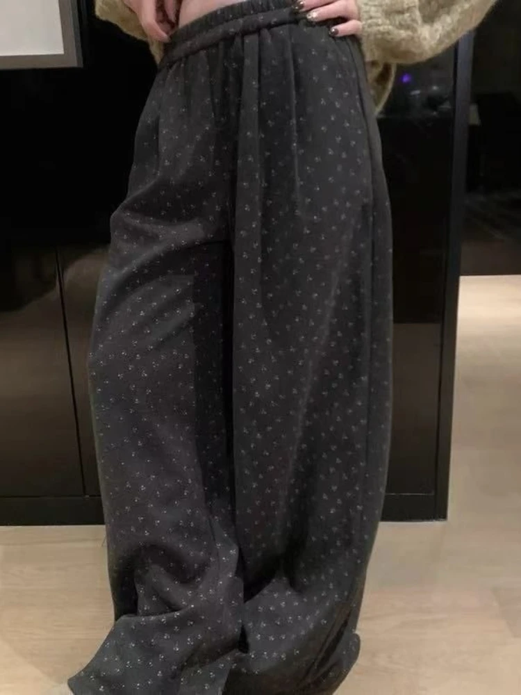 

HOUZHOU Vintage Floral Print Women Trousers Wide Leg High Waist Korean Fashion Straight Pants Baggy Preppy Casual Thick Winter
