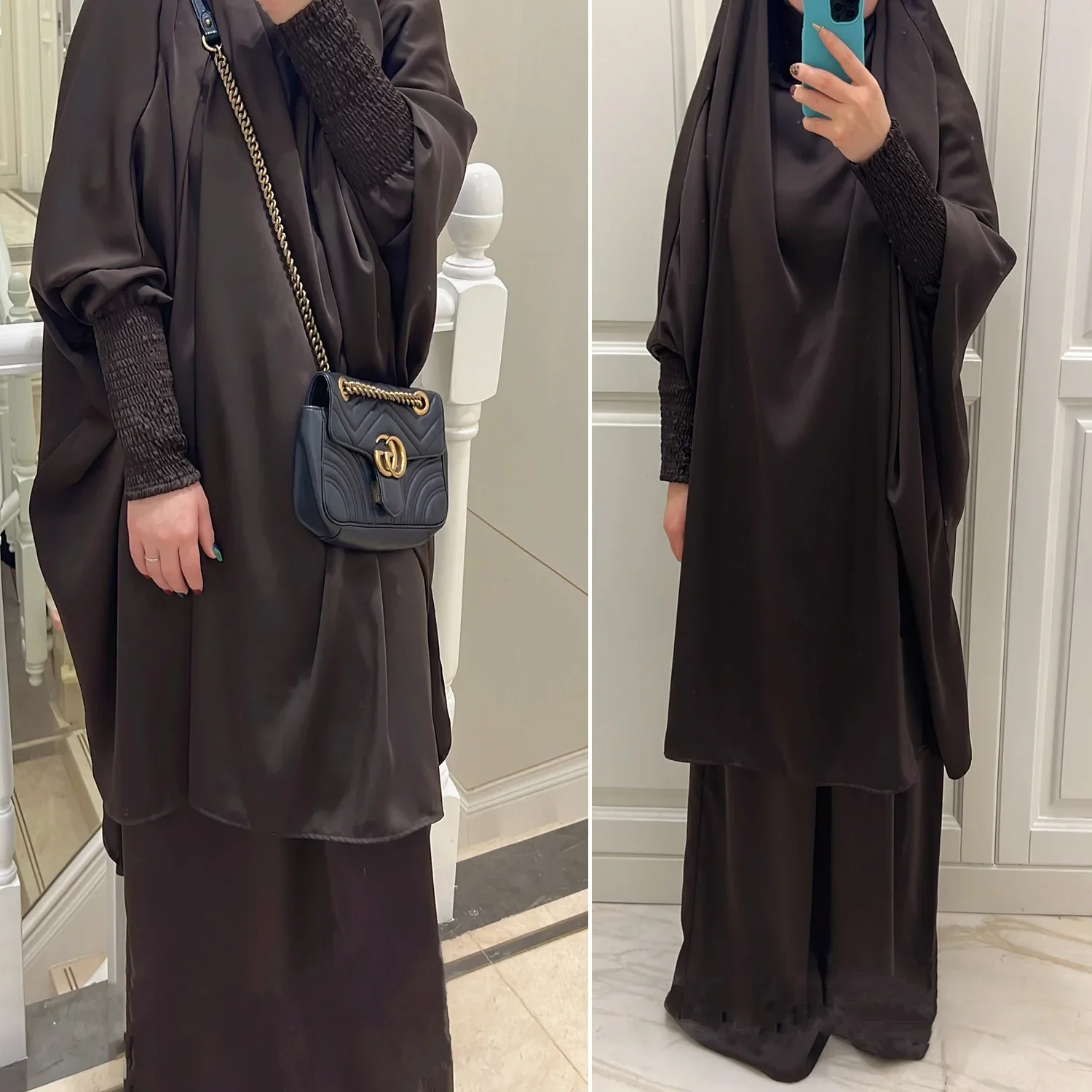 Ramadan Satin Hooded Abaya Khimar Set Jilbab 2 Piece Islamic Abayas for Women Muslim Prayer Clothes Dubai Turkey Niqab Djellaba