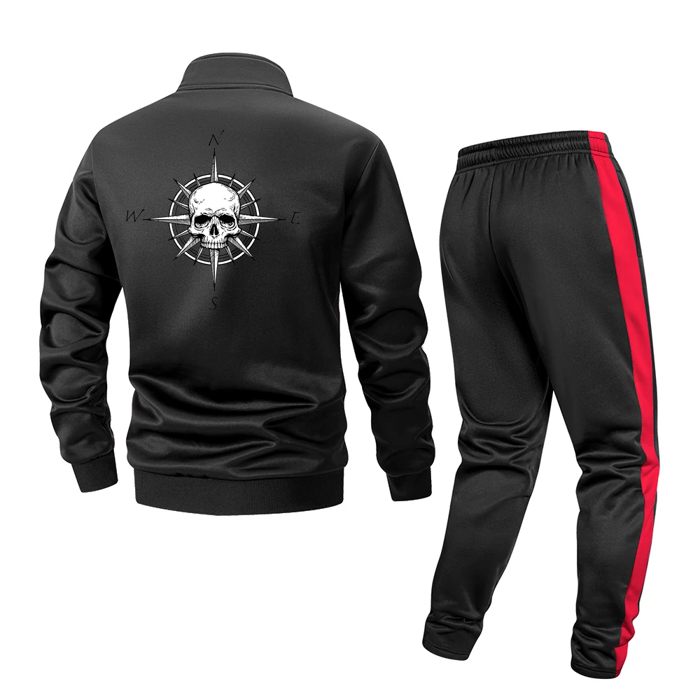 

Мужской спортивный костюм на молнии с принтом черепа и компаса, осенне-зимний комплект для бега в тренажерном зале, повседневный спортивный костюм на открытом воздухе