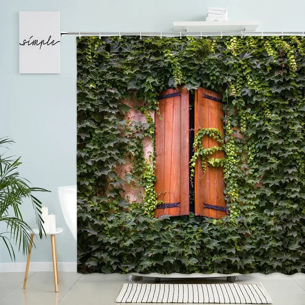 Vintage Old Wooden Window Wall Shower Curtain Natural Scenery Ivy Vines Bamboo Green Plants Bathroom With Hook Waterproof Screen