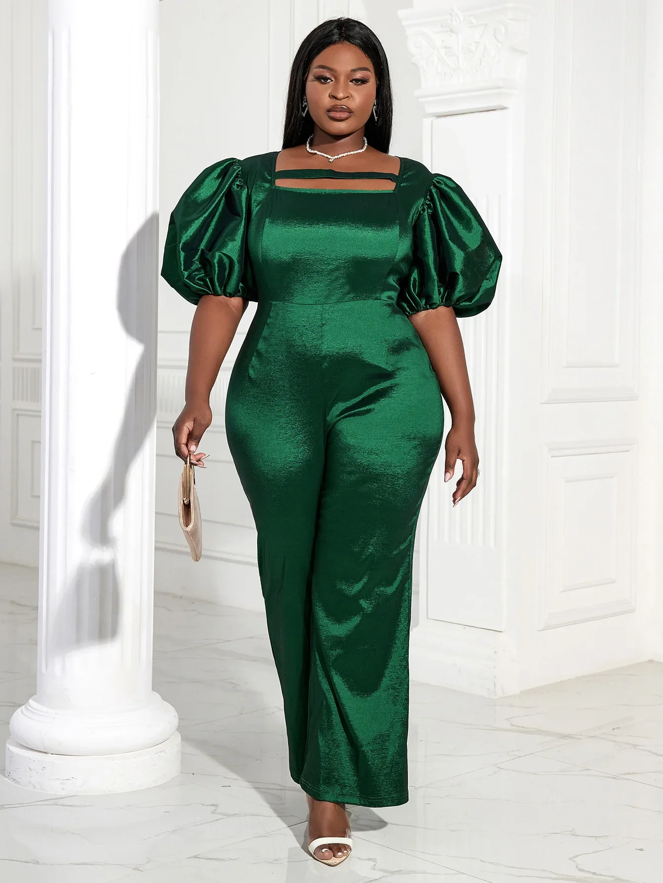 

Stylish Women Jumpsuit Sparkly Plus Size Fitted Shiny Green Overalls Summer Puff Sleeve Vintage Rompers Work Elegant Outfits