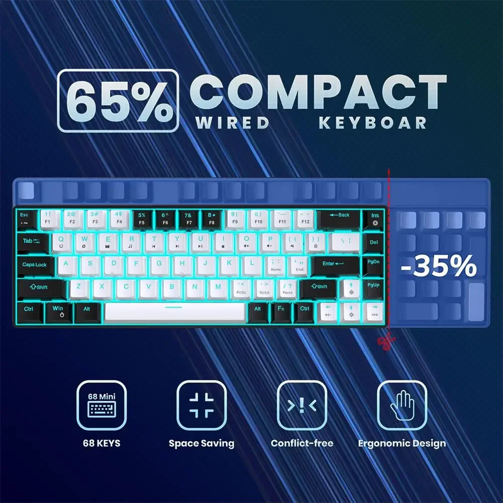 Mechanical Gaming Keyboard LED Backlit Compact 68 Keys Mini Wired Office Keyboard For Laptop PC Gamer