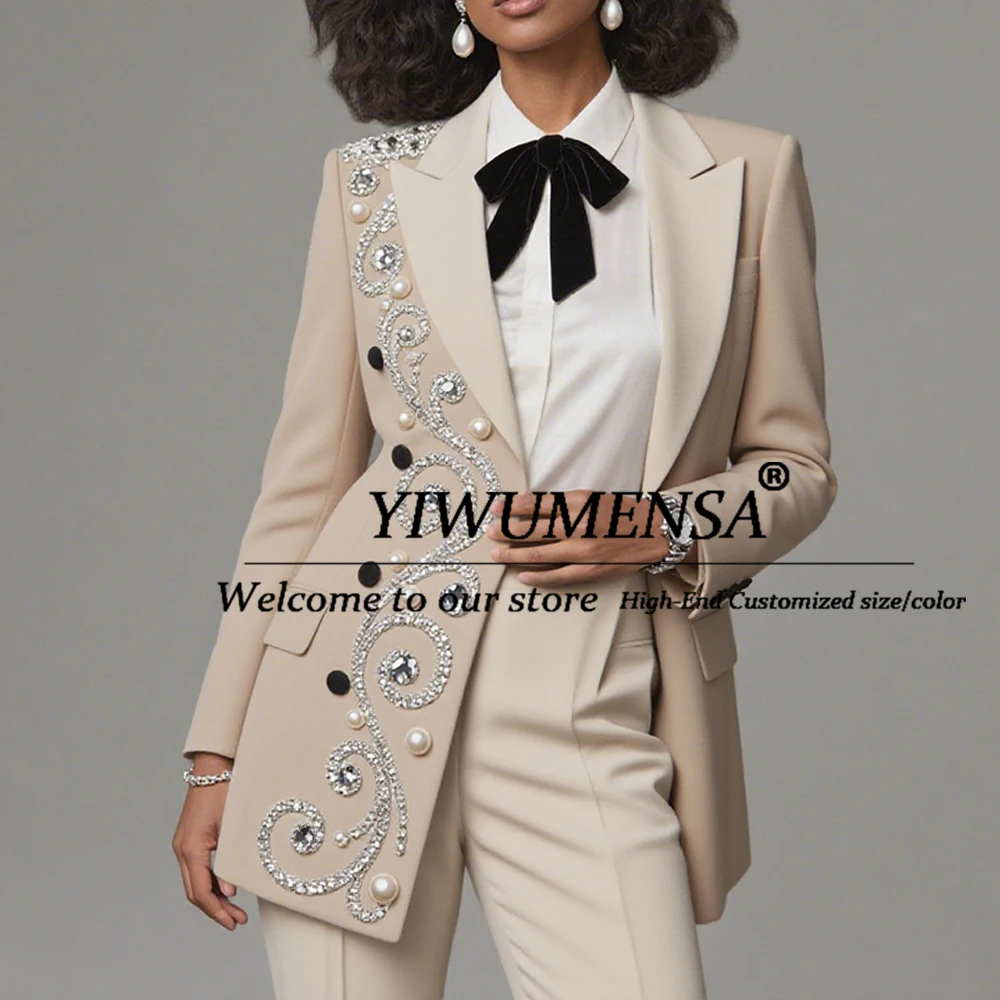 

Sparkly Pearls Beaded Mother Of The Bride Dress Customized Double Breasted Jacket Pants 2 Pieces Women Suits Lady Business Gowns