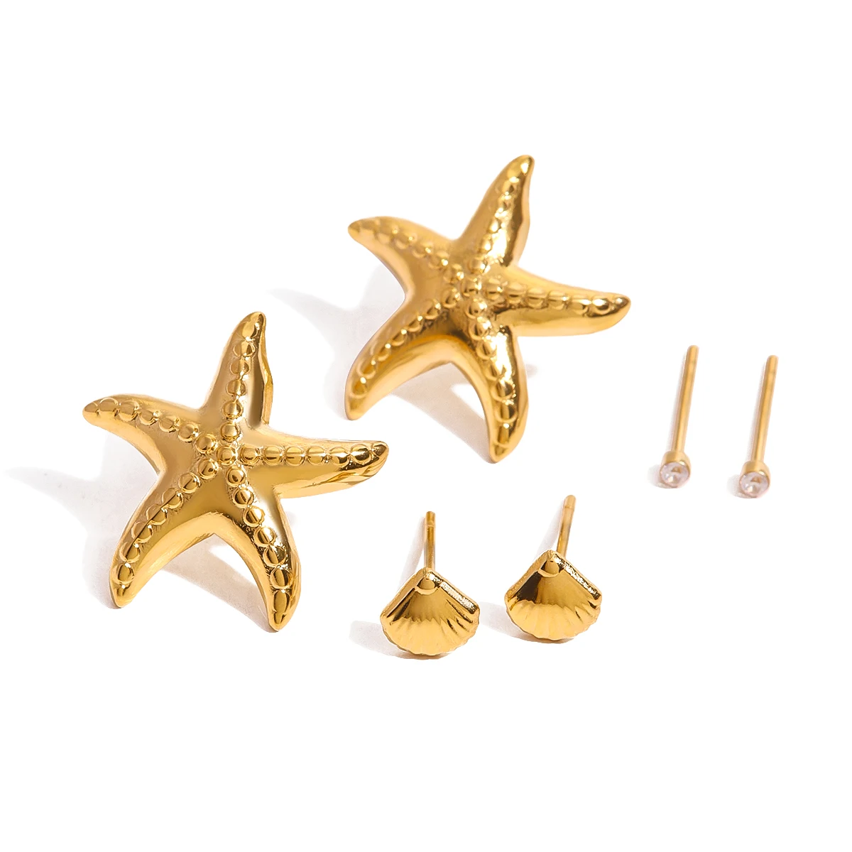 3 Pairs Per Card Stainless Steel Zircon Ribbed Shell Hammer Patterned Starfish Earrings Women 18K PVD Plated Jewelry