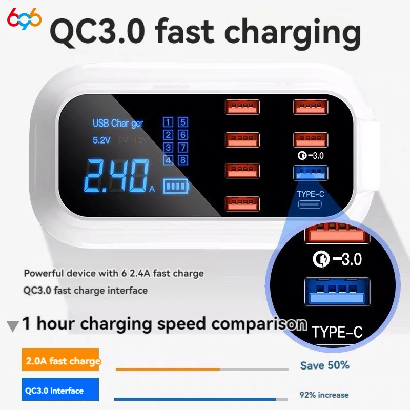 

PD40W Intelligent LCD Display 8-port USB Mobile Phone Charger For iPhone11 12 15 Pro Max Type C QC 3.0 Fast Charging For Huawei