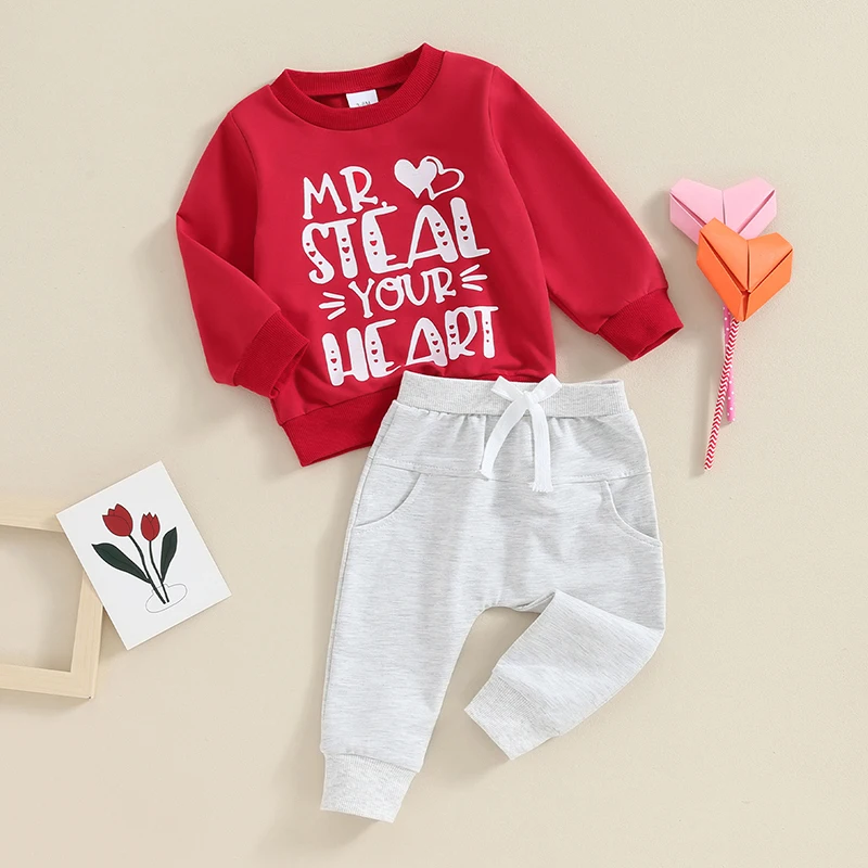 Toddler Valentine s Day Set with Heart Print Long Sleeve Top and Elastic Waist Pants for Baby Boy Fall Outfits