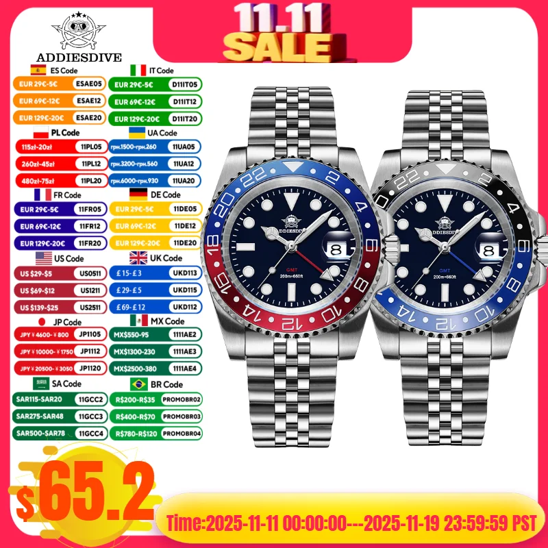 

ADDIESDIVE AD2050 Men GMT Watch Swiss Ronda 515-24 BGW9 Super Luminous 20Bar Waterproof reloj 316L Stainless Steel Quartz Watch