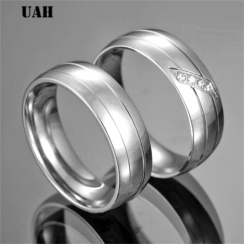 UAH Simple Couple Titanium Steel Wedding Zirconia Rings women men\'s jewelry anniversary marriage Best Fashion Gift