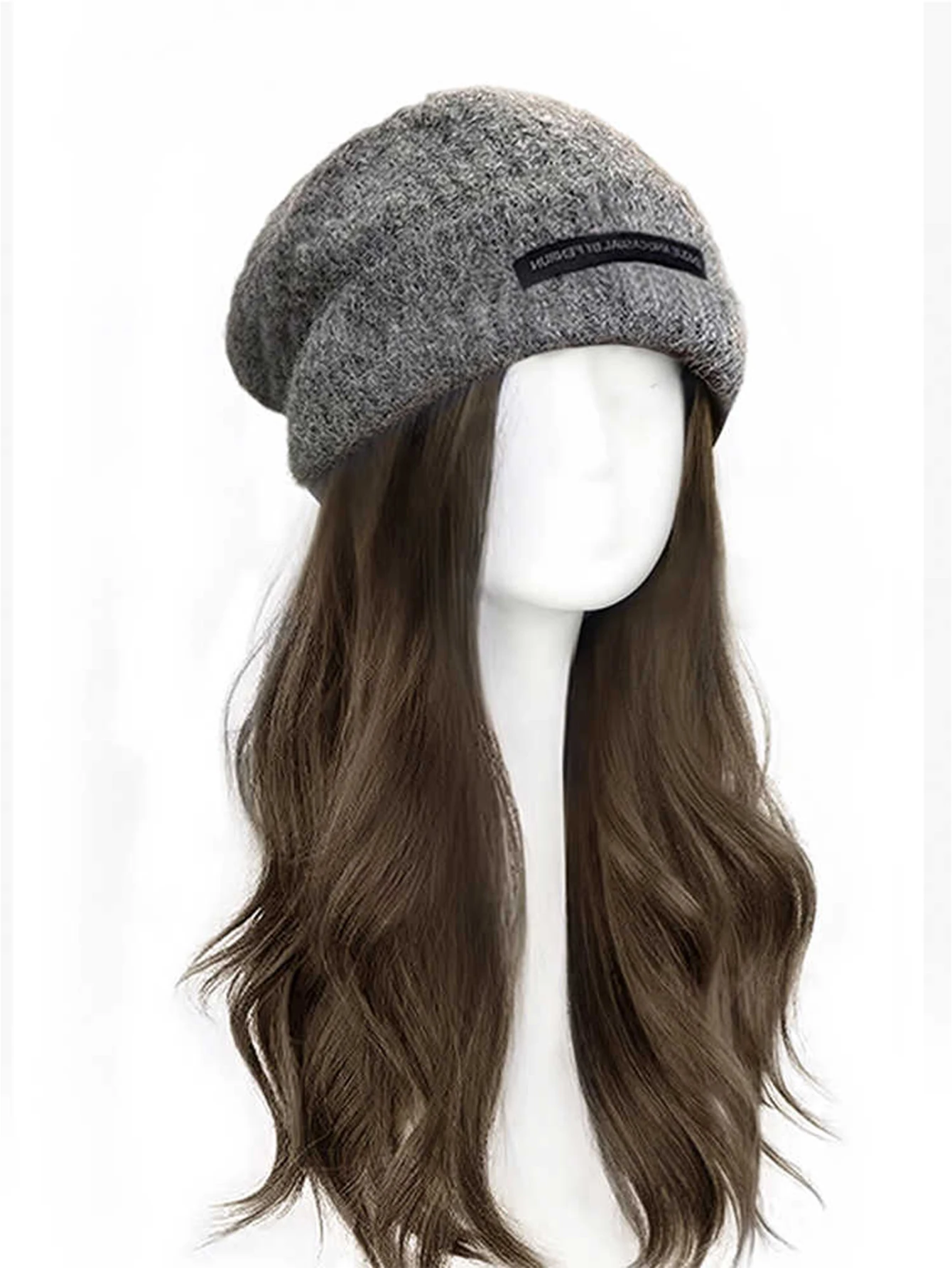 BEAUTYENTER Synthetic Hat Wig For Women With Long Hair Fashionable Autumn And Winter Warm Wool Knitted Beanie Curly Hair Wig Hat image 6