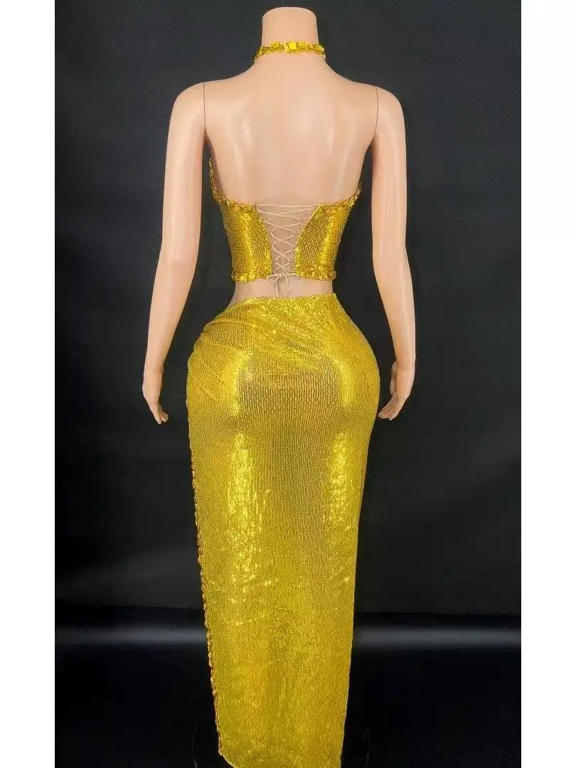 Vrouwen sexy vieren verjaardag jurk stadium dans kostuum fotoshoot dragen sprankelende strass pailletten crop top twee stukken jurk