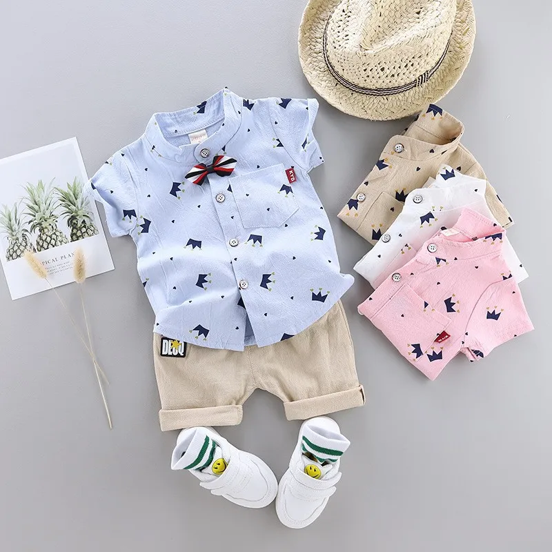 Summer Infant and Toddler Set Korean Edition Baby Cartoon Crown Thin Trendy Shirt Short Sleeve Set