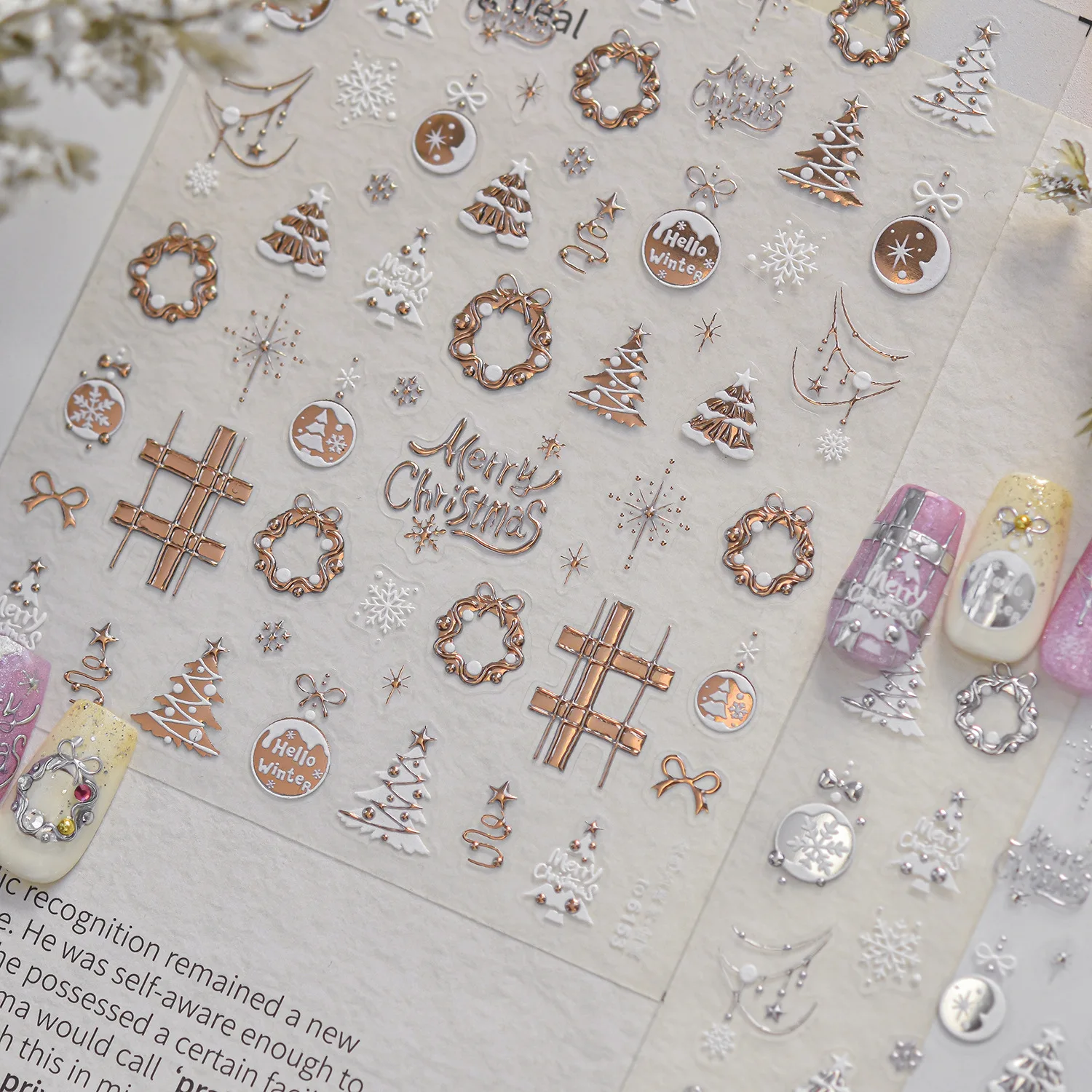 Nail Art Stickers Metallic Gold Winter Christmas Tree Adhesive Decals Exquisite Glitter DIY Manicure Decoration Party