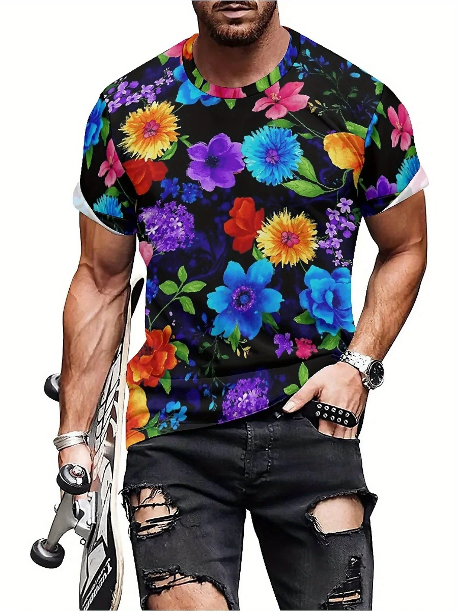تي شيرت رجالي بأكمام قصيرة مطبوع عليه زهور نابضة بالحياة، نسيج بوليستر ناعم وقابل للتمدد للارتداء الكاجوال والعطلات والرياضة