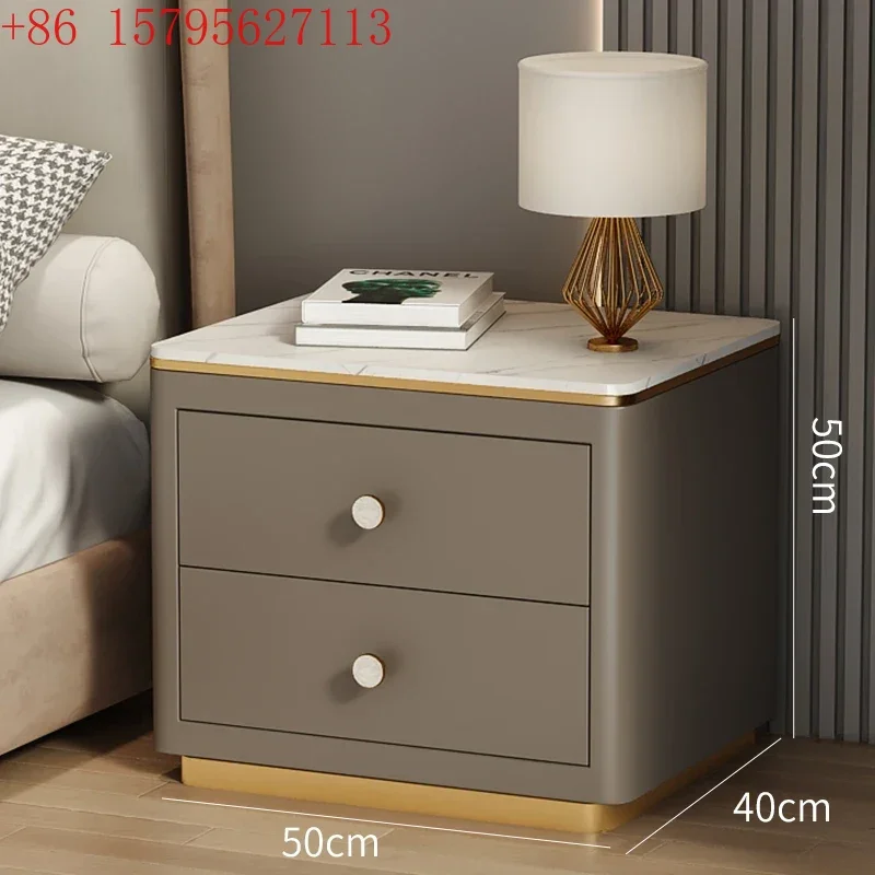 02All solid wood modern simple bedside table, rock slab leather bedroom, storage bedside cabinet