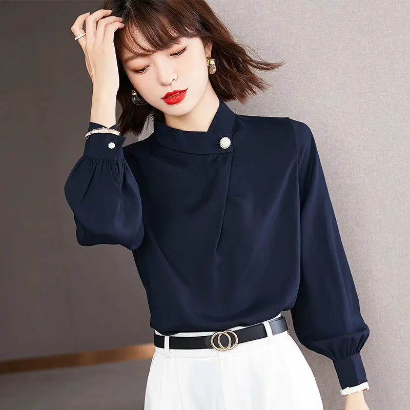 Spring Autumn Elegant Fashion Stand Collar Chiffon Shirt Female 3/4 Sleeve Casual Bottomed Blouse Women Solid Color Pullover Top