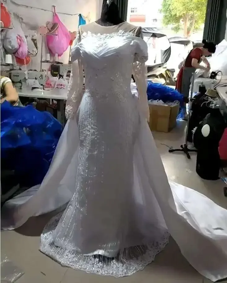 

Customized African Stylish Beaded Lace Long Sleeves Plus Size Sheer Neck White Mermaid Wedding Dresses With Detachable Train