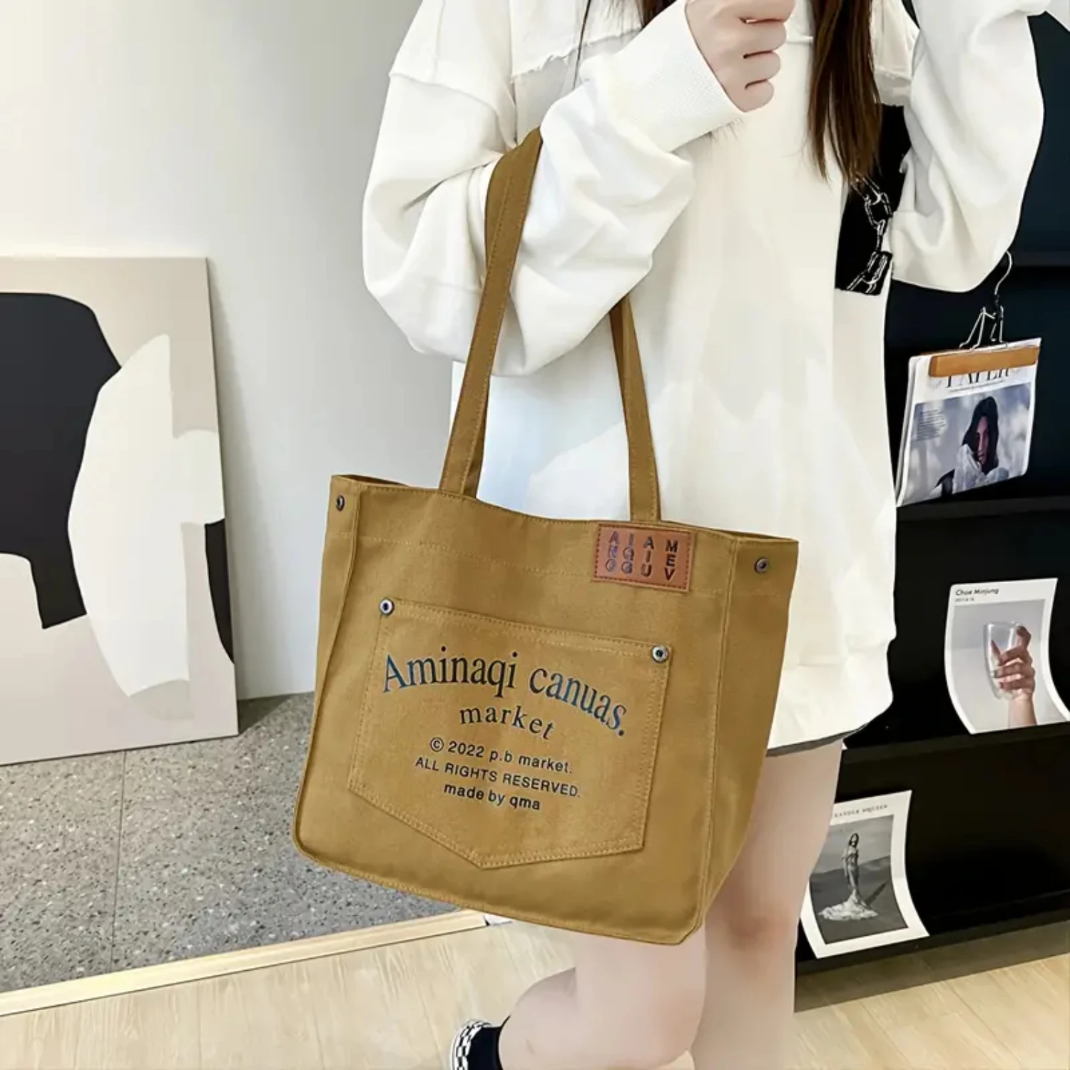 

Stylish Large Capacity Classic Canvas Tote Shoulder Shopper Bag with Chic Letter Print - Everyday Fashion Essentials for Trendy