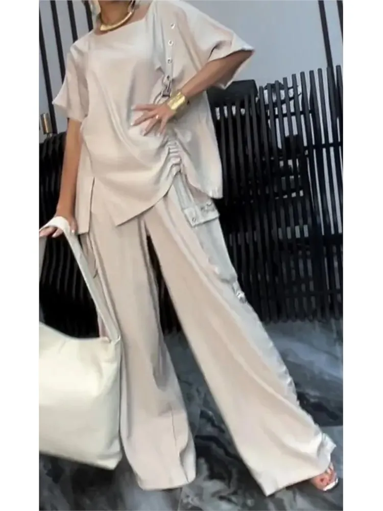 Spring Summer Fashion Shirring 2 Piece Sets Round Neck Pleated Short Sleeve Solid Color Casual Women Pantsuit Two Pieces Set