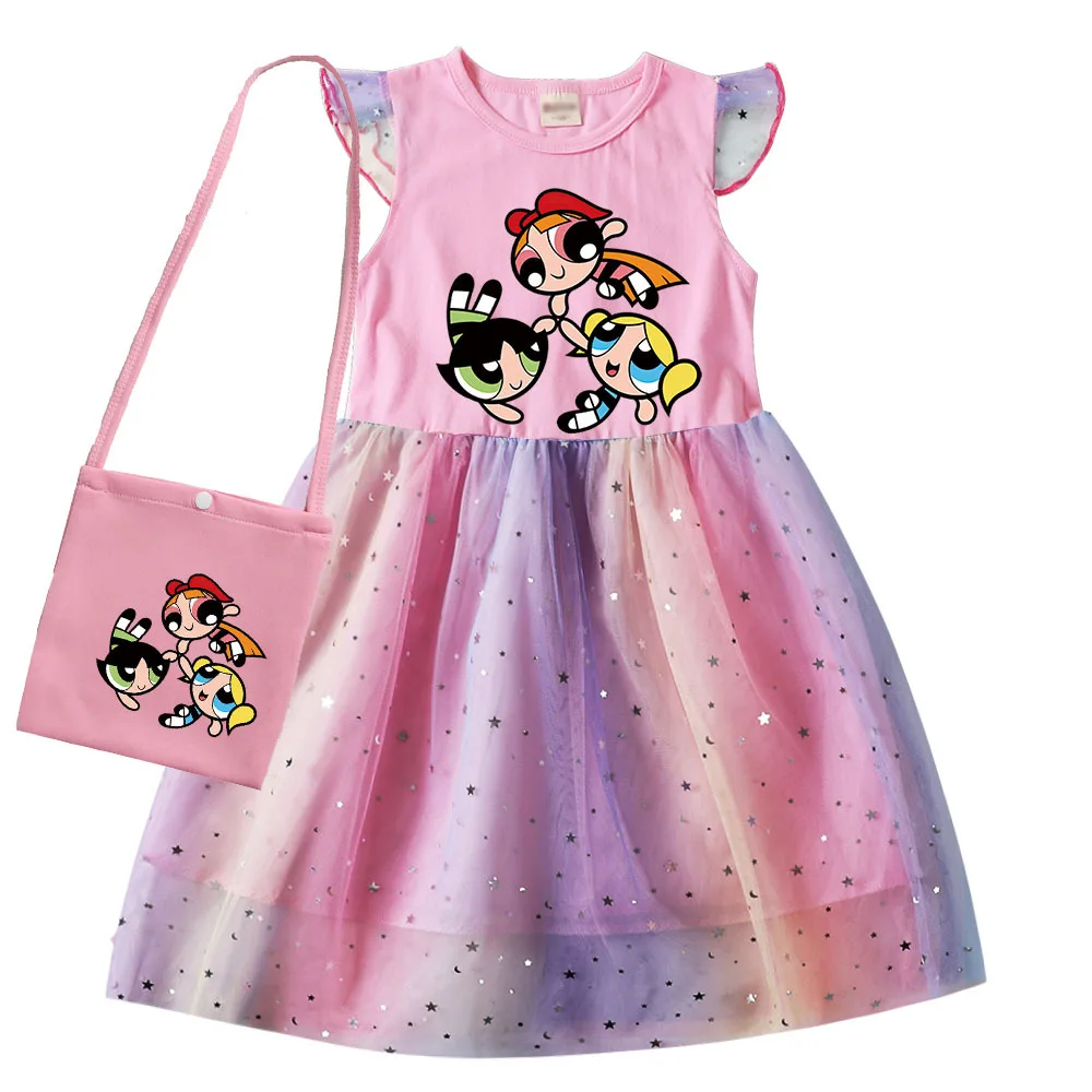 New Summer Kids Clothing P-Powerpuffing Girls Summer Dress Girl Flying Sleeve Dress with Bag Teenage Princess Costume