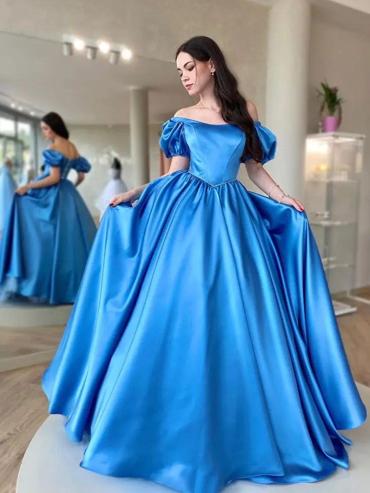 

Elegant Long Prom Dresses Satin Off Shoulder Puffy Short Sleeves A Line Corset Back Zipper Cheap Formal Party Evening Gowns