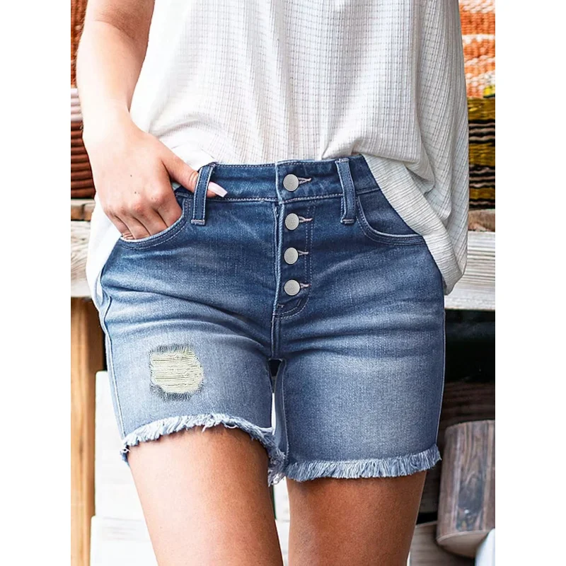 Women's Perforated Denim Shorts Casual Summer Fashion Trend Versatile Sexy Edge Design for Trendy Ladies