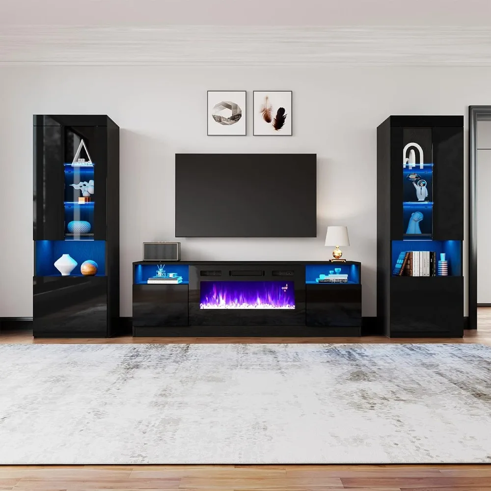 

Fireplace Entertainment Center Set, Including A 70 Inch Fireplace TV Stand and 2 LED High Gloss Bookshelves