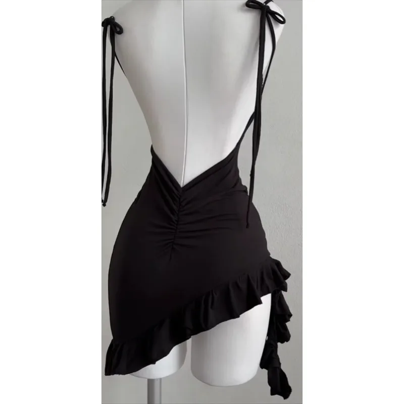 Sleeveless Backless Ruffles Mini Dress Women Summer Y2K Lace Up Black Bodycon Dresses Party Club Streetwear 2025 New Sundress