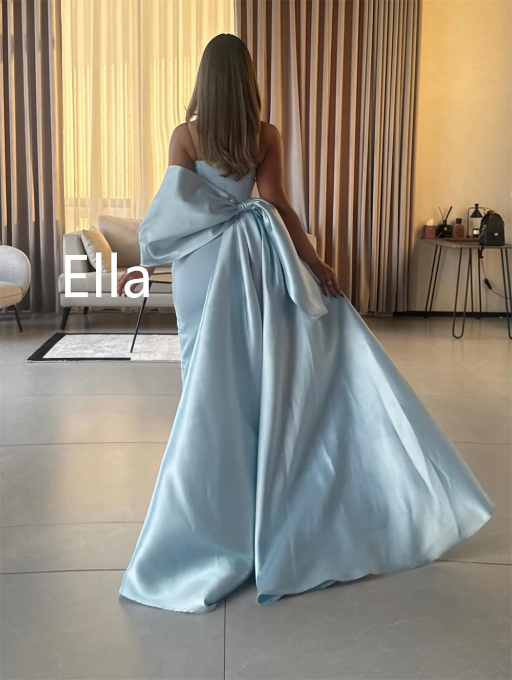 Customized Soft Blue Satin Evening Dress Temperament Strapless Prom Dress High Quality Court Train Bespoke Occasion Gowns