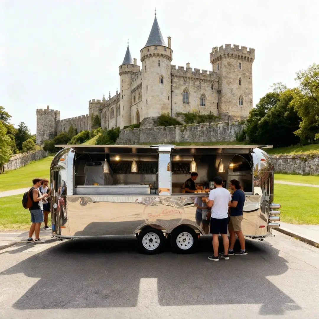 

Mirror-Finish Stainless Steel Outdoor Food Trailer with Dual-Wheel Design for Easy Mobility