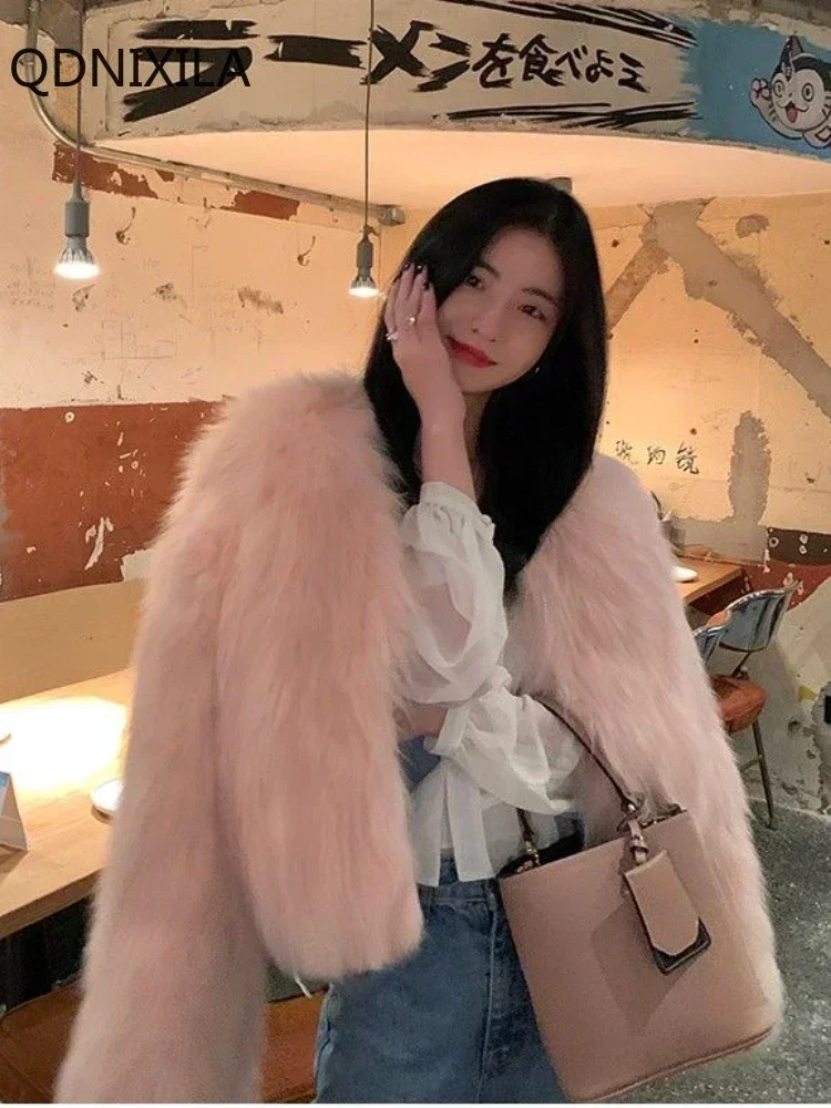 Faux Fur Coat 2024 ฤดูใบไม้ร่วง/ฤดูหนาวผู้หญิงใหม่เลียนแบบฟ็อกซ์ขนสัตว์ขนสัตว์ปลอมสั้นเสื้อเกาหลีแฟชั่นผู้หญิงแจ็คเก็ต