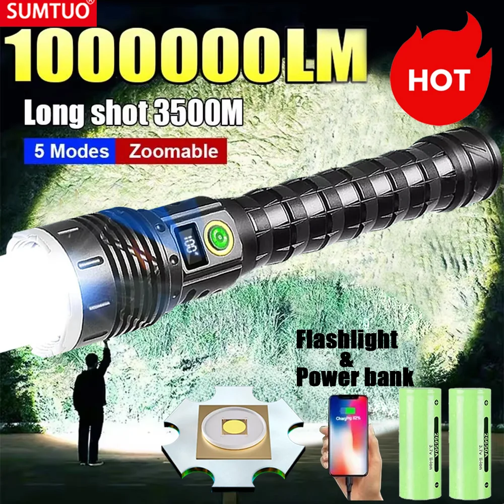 

1000000LM Most Powerful Led Flashlight Rechargeable 800W LED Flashlights High Power Zoom Torch Long Range 3500m Tactical Lantren