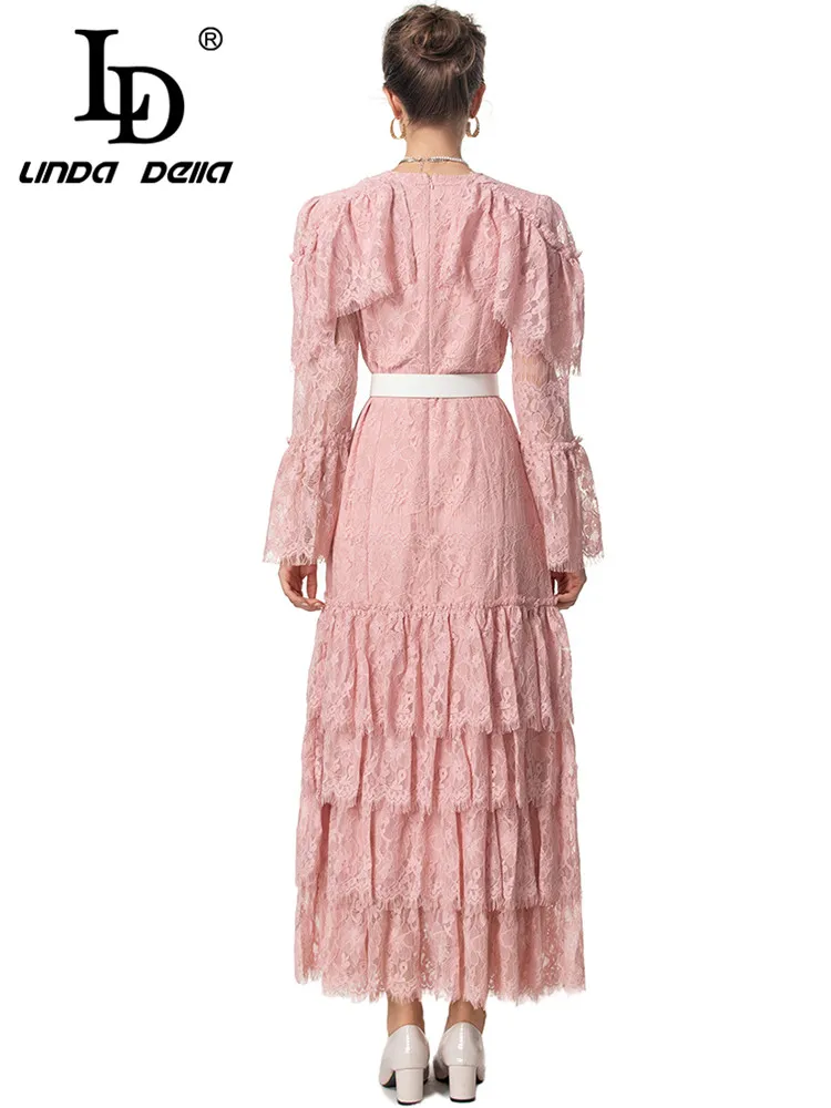 LD LINDA DELLA-Vestido chique feminino de renda, oco, babados em camadas, manga lanterna flare, cintura alta, vestidos Mixi, outono