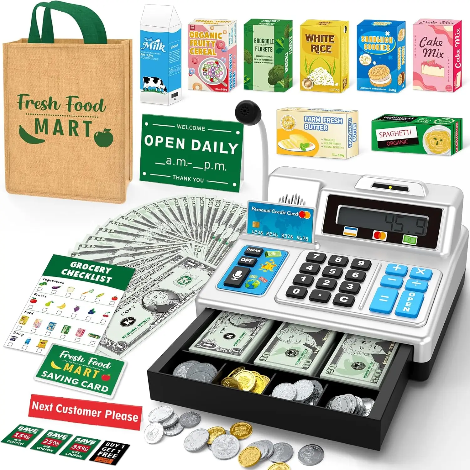 

Kids Calculator Cash Register Toy Gift for Ages 3-8, 120 Pcs Grocery Store Playset with Toy Cash and Microphone