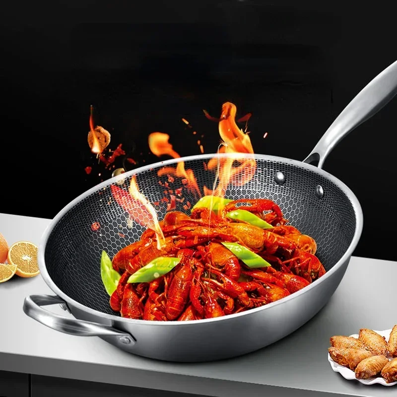 Non-stick Thick Honeycomb Handmade Uncoated Stainless Steel Wok Non-stick 304 Stainless Steel Gas/induction Cooker Pan