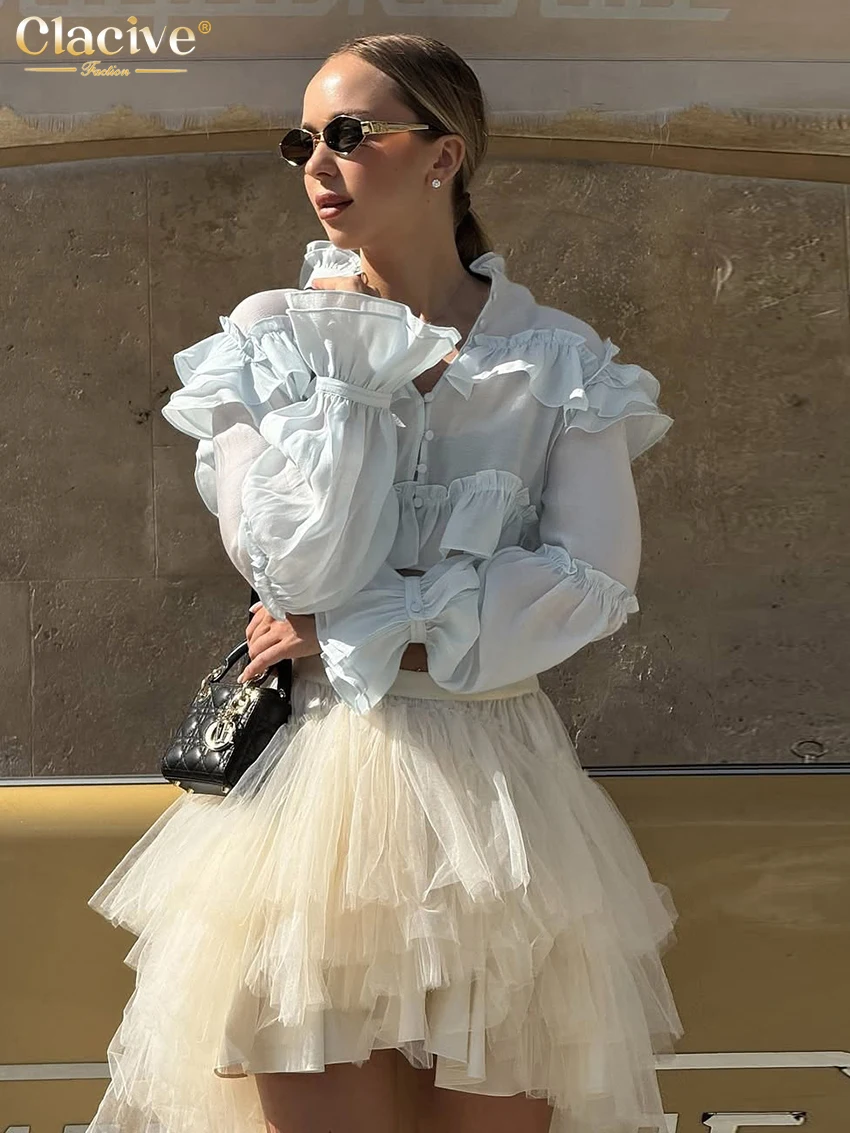 

Clacive Fashion Loose Blue Women's Shirt 2026 Spring V-Neck Long Sleeve Shirts Elegant Classic Ruffles Top Female Clothing