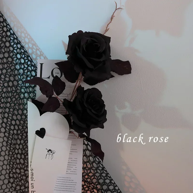 Simulation 2 Flowers Black Rose Bouquet Home Living Room Dining Table Wedding Halloween Decoration Dark Artificial Fake Flowers