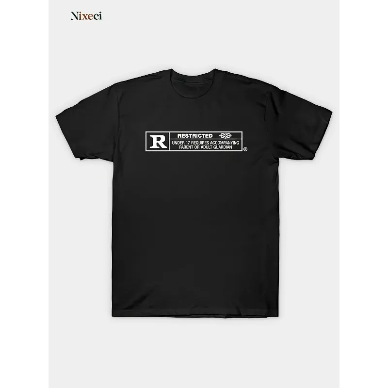 Black T-shirt with white geometric frame decal logo - casual sports style top, short sleeved round neck. Loose fit