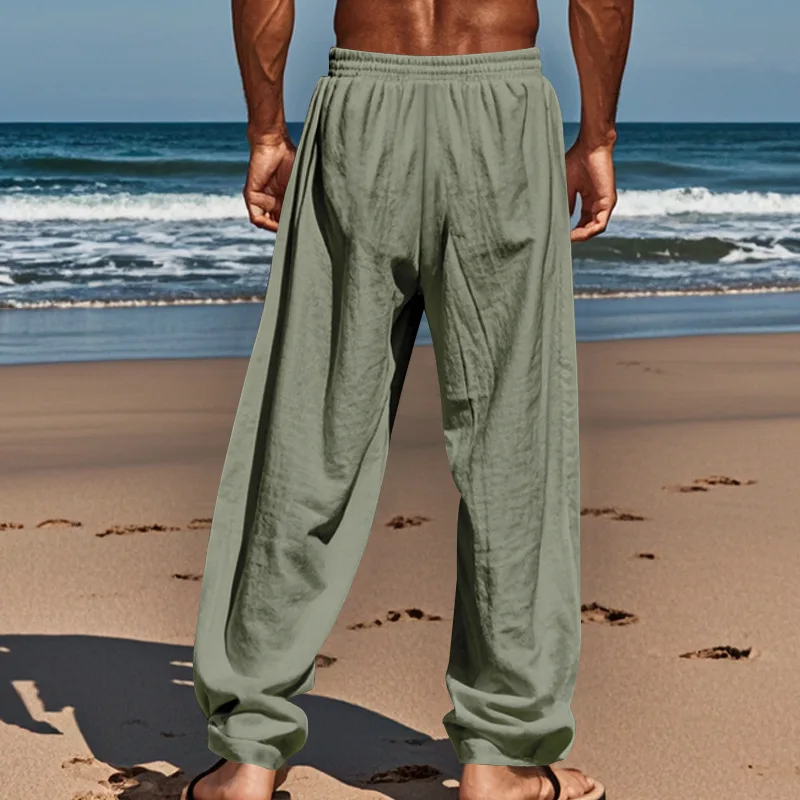 Pantalon d'été pour hommes, cordon de serrage, taille large, ample, en coton et lin, pantalon de Yoga, de plage, décontracté, avec poches, léger