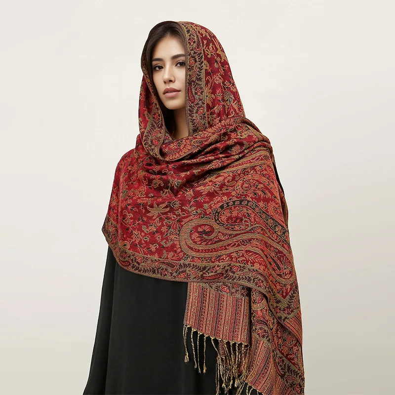 Cashew Printed Pashmina Shawl Scarf Women Jacquard Paisley Scarves Borders Female Tassel Travel Blanket Wraps Ethnic Shawls