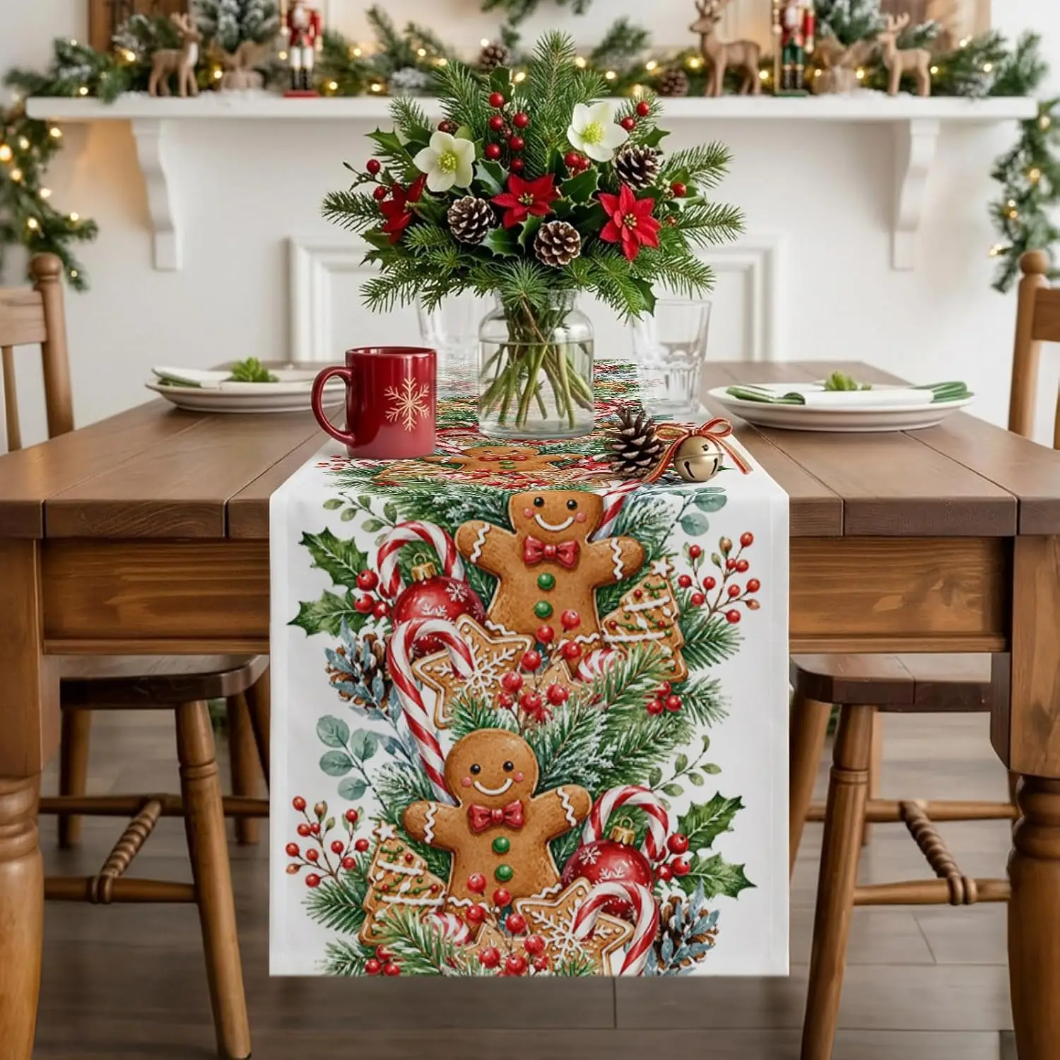 Christmas Gingerbread Pine Branches Table Runner Party Decor Reusable Winter Kitchen Dining Table Runner Christmas Decorations